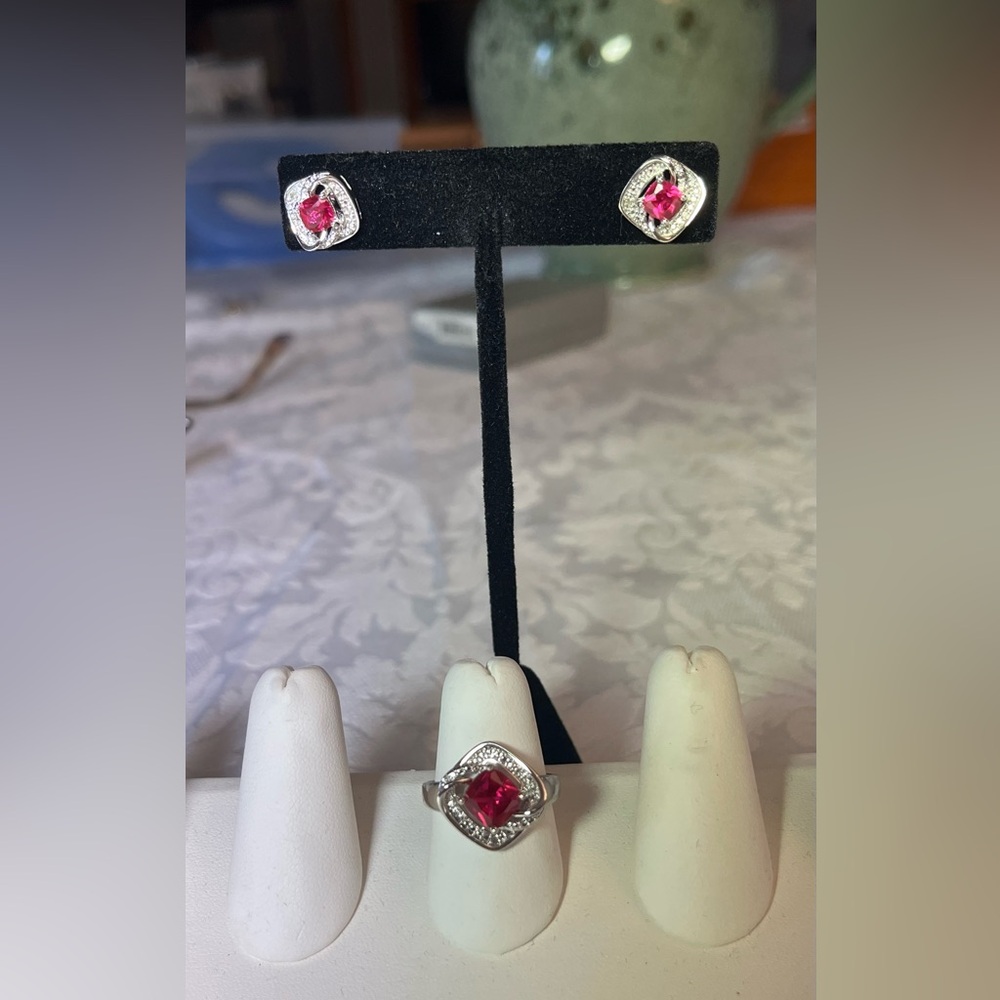 Elegant Silver and Pink Stud Earrings and Ring Set